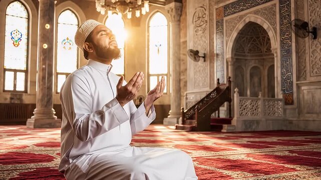 Man in traditional attire praying inside a sunlit mosque