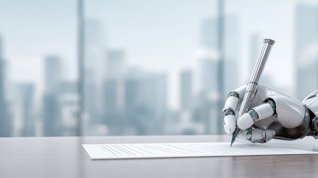 A robotic hand writes on paper with a pen against a blurred cityscape background, robot at work, AI work place