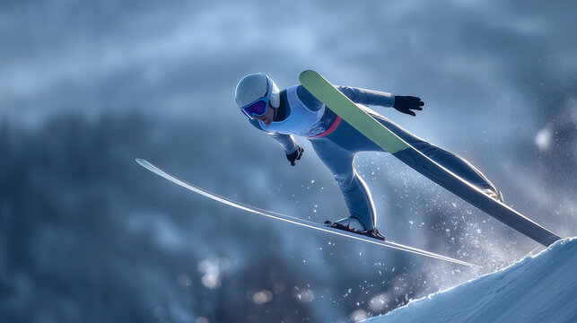 Ski Jumper in Mid-Air is captured mid-air in an action shot during a  ski jumping.He is wearing a blue aerodynamic ski suit, a white helmet with a visor, black gloves, and ski boots.