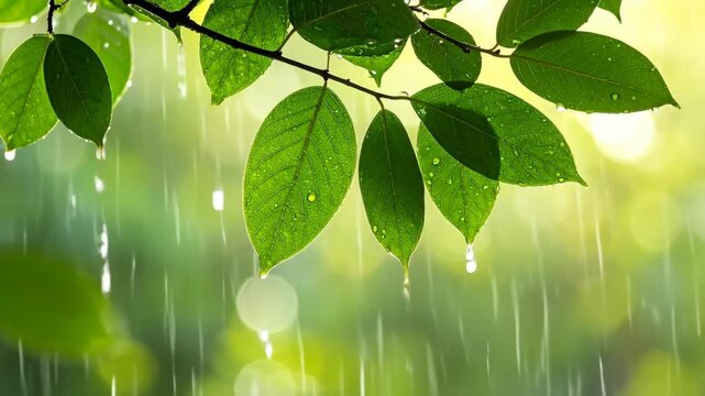 Close Up of Green Leaves in Rainy Weather with Water Droplets Falling.
