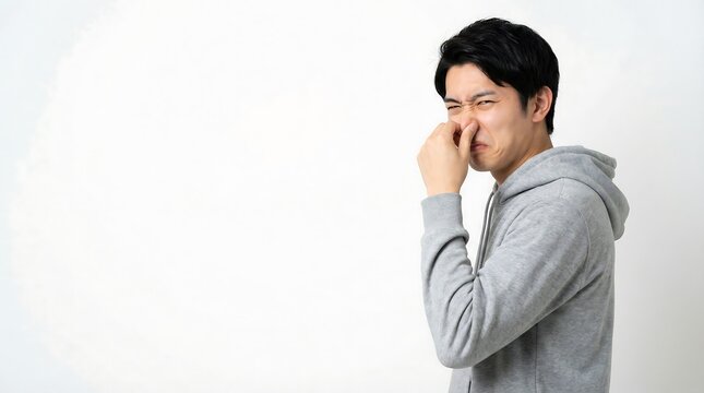 Young man pinching his nose in disgust at a bad smell, isolated on a white background, expressive facial gesture