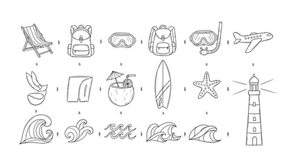 Embracing the Journey: An array of sketched elements, including a beach chair, backpack, mask, airplane, coconut drink, and waves, evoke the excitement of travel and the allure of summer. 