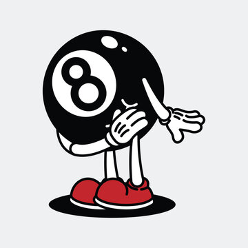 Cartoon 8 Ball Character with Arms and Legs. Billiard Retro Mascot Cartoon Character.