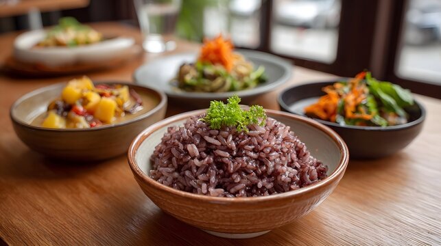 A bowl of purple riceberry rice with side dishes on a wooden table