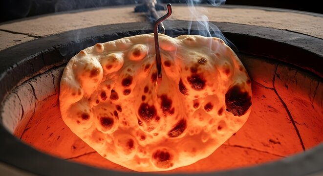 Naan bread baking in traditional tandoor clay oven