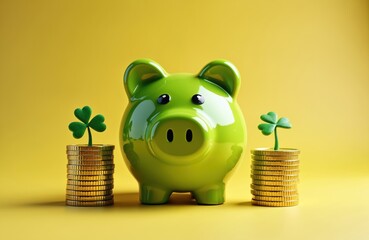 Green piggy bank sits with stacks of gold coins and shamrocks. Symbolizes luck, wealth, and savings growth. Perfect for finance and investment themes.