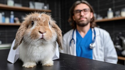 Cute lop-eared rabbit at veterinary clinic with male veterinarian in background