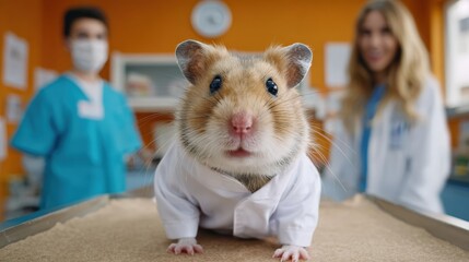 Adorable hamster wearing tiny lab coat with veterinarians in background