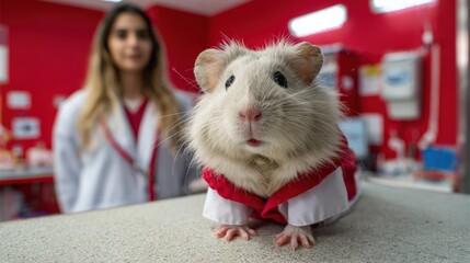 Cute hamster in vet costume with female veterinarian in clinic setting