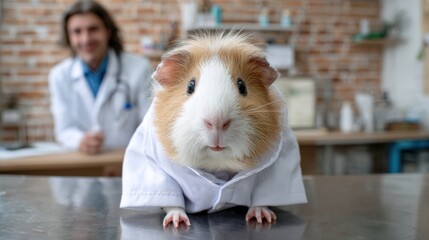Guinea pig in lab coat with blurred person in background