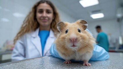 Female vet with golden hamster in veterinary clinic exam room setting