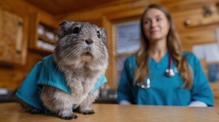 Guinea pig in veterinary office with female vet in background