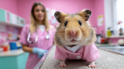 Cute hamster in pink outfit with female veterinarian in clinic setting