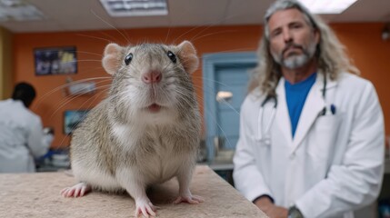 Curious rat front and center with male veterinarian in clinic background