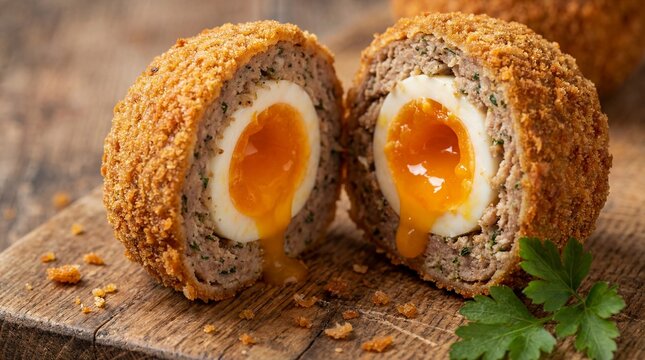 Scotch egg cut in half with runny yolk on rustic wooden board