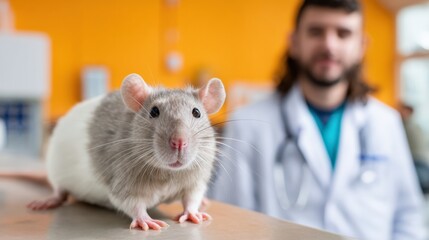 Curious rat in laboratory with caucasian male veterinarian in background