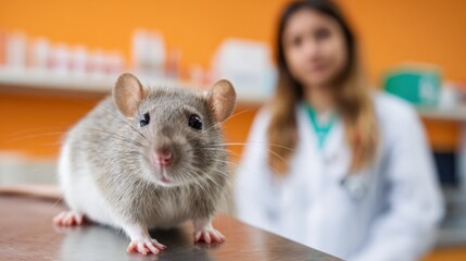 Curious rat in laboratory with female scientist in background