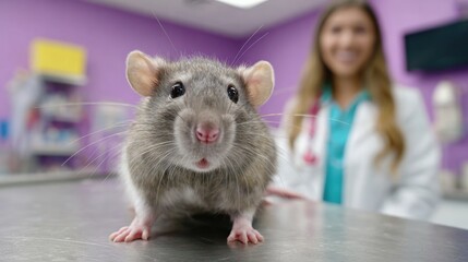 Curious rat at veterinary clinic with female veterinarian in background