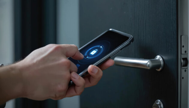 Man unlocks door using phone app. Digital security system on smartphone screen. Modern home access via smart device. Keyless entry technology for house. Fingerprint scan.