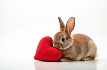 Obraz premium Cute brown rabbit rests on a white surface next to a soft red heart. Small animal is calm and looks at camera. Perfect for Valentine or Easter themes.