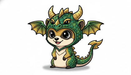 Cute suricate wearing green dragon hat shows curiosity with big eyes and happy smile, adorable animal in fantasy costume