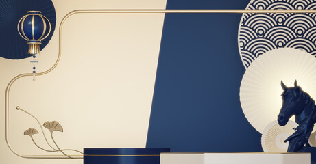 Blue and red concept Year of the Horse ,China  Podium, minimal color two tone geometric design.3D rendering