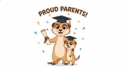 Graduation suricate wearing hat shows curiosity and cute smile celebrating achievement with proud parents and diploma in hand