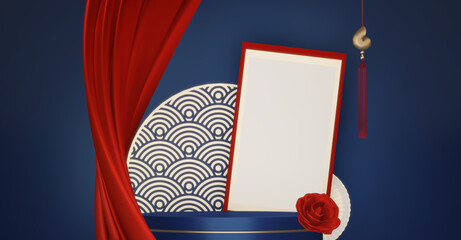 Blue and red concept Year of the Horse ,China  Podium, minimal color two tone geometric design.3D rendering