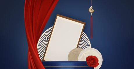 Blue and red concept Year of the Horse ,China  Podium, minimal color two tone geometric design.3D rendering