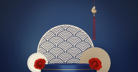 Blue and red concept Year of the Horse ,China  Podium, minimal color two tone geometric design.3D rendering