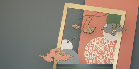 Mock up stage Podium stage chinese style and decoration with color chinese tone background design.3D rendering