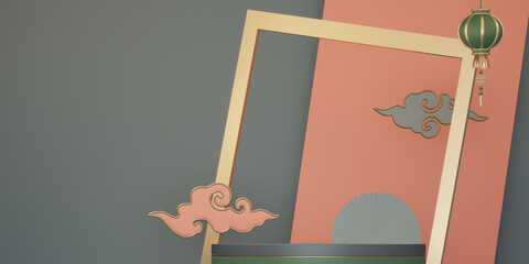 Mock up stage Podium stage chinese style and decoration with color chinese tone background design.3D rendering