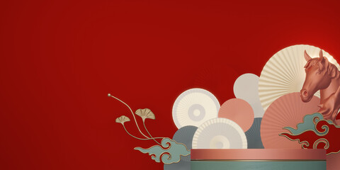 Mock up stage Podium stage chinese style and decoration with color chinese tone background design.3D rendering