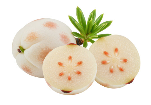 Whole & halved ripe white pineberries with textured skin, reddish seeds, green stem, juicy white flesh, on a pristine transparent background, copy space, macro, natural studio light, concept of fresh