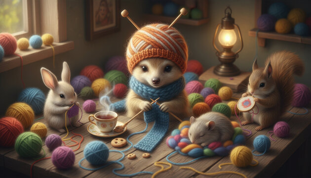 Cute suricate wearing colorful hat shows curiosity while knitting surrounded by animal friends and cozy yarn balls in warm light