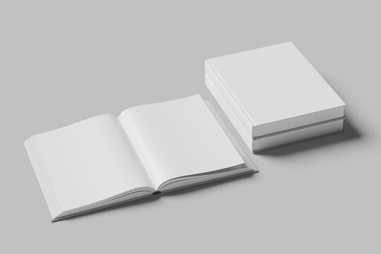 Hard cover book mock up isolated on soft gray background.