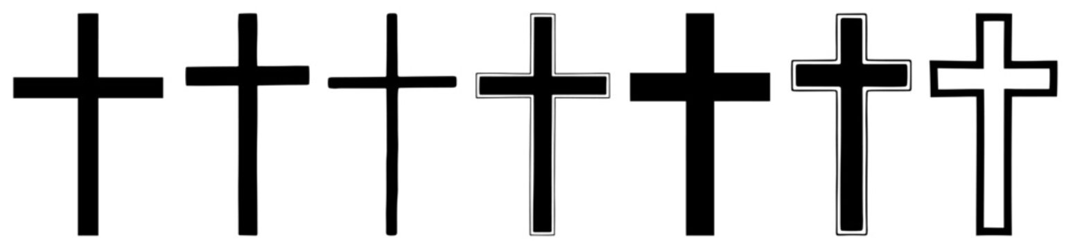 Set of Christian cross vector symbols in various black and white styles