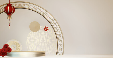 Happy Chinese New Year 2026 with mock up white and gold podium design on white background design. 3D rendering