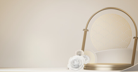 Happy Chinese New Year 2026 with mock up white and gold podium design on white background design. 3D rendering