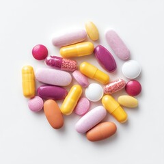 Assorted Colorful Tablets and Capsules on White Background for Health and Wellness Concepts