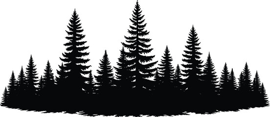 Naklejka premium Large collection of black pine tree silhouettes and forest treelines isolated on white background for panoramic landscape design mountain logo icons and nature vector art
