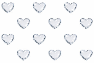 Romantic seamless pattern of glossy glass hearts creating an elegant Valentine background. Premium texture perfect for packaging design, gift wrap, greeting cards and love-themed branding.