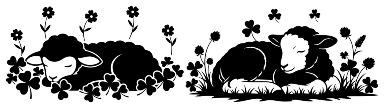 Set of two sleeping lambs resting among clovers and spring flowers in rustic woodcut style