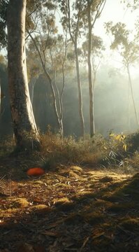 Mossy forest floor path illuminated by intense backlighting through tall eucalyptus trees in a misty clearing