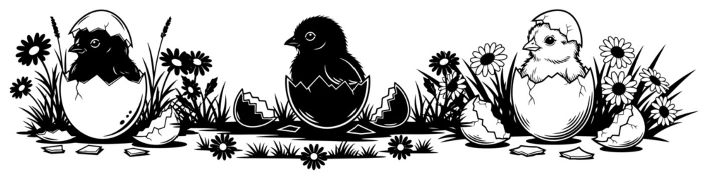 Cute baby chicks hatching from Easter eggs in a spring flower meadow silhouette