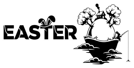 Creative Easter typography with bunny ears and surreal floating egg island silhouette © Katarzyna