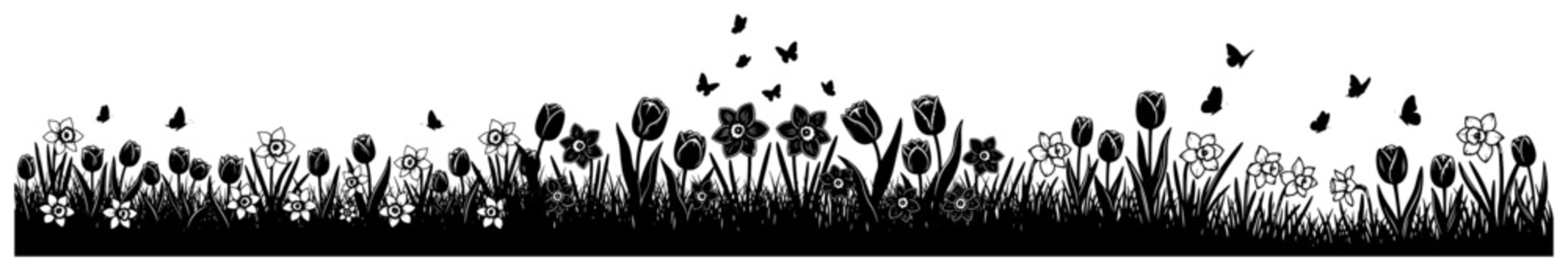 Horizontal spring flower meadow border with butterflies and blooming tulips in silhouette style
