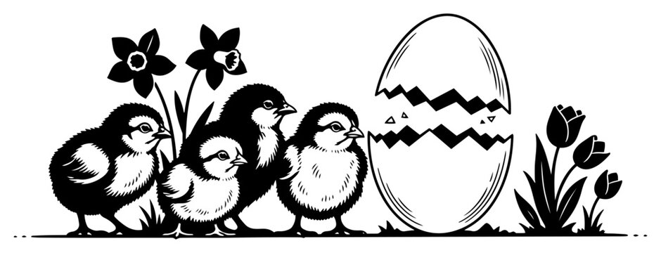 Three little chicks standing near a large cracked eggshell with spring flowers silhouette