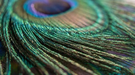 Fototapeta premium Vibrant peacock feather with shimmering green and blue hues