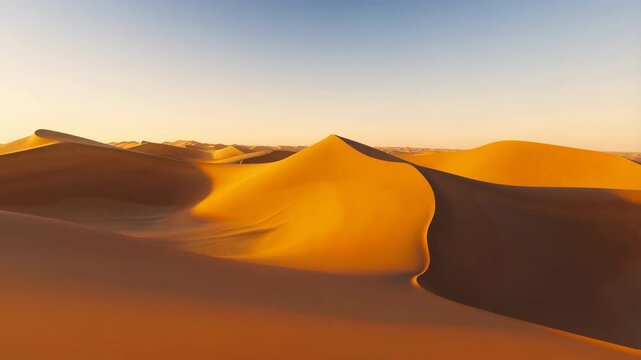 Warm Sunlight Bathes Rolling Dunes. Serene Sunrise Illuminates Gentle Ridges And Expansive Horizon. Media